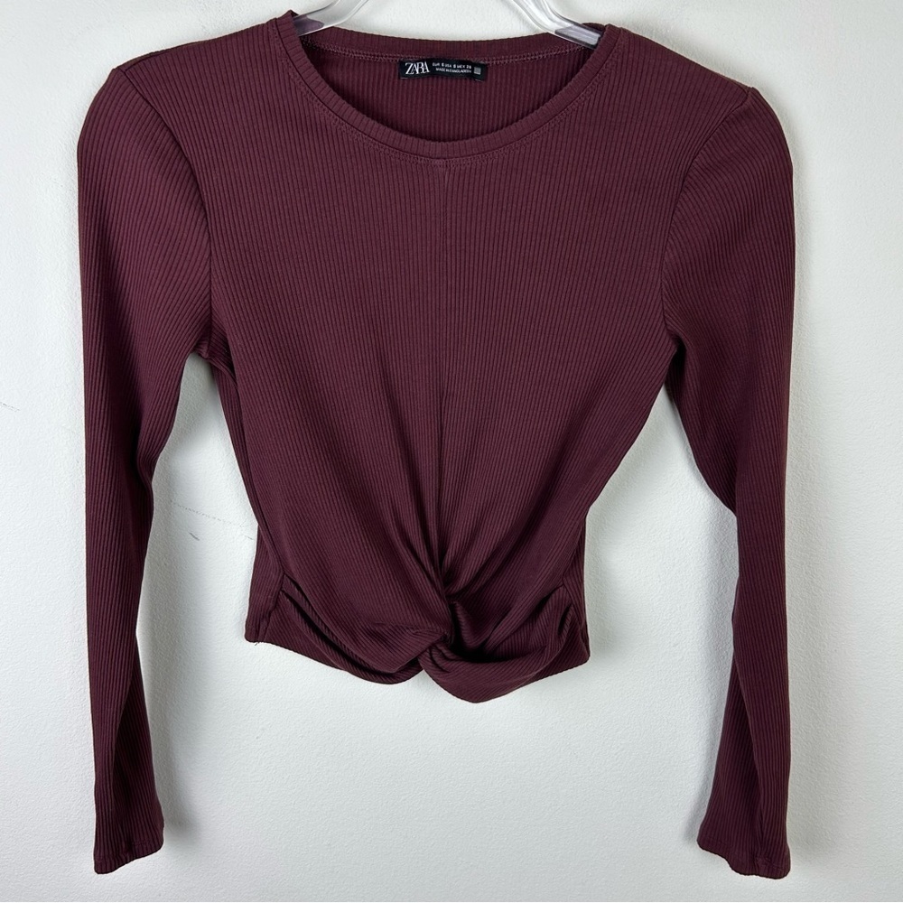 Zara Ribbed burgundy Long sleeve twist front top size: S - Picture 2 of 8